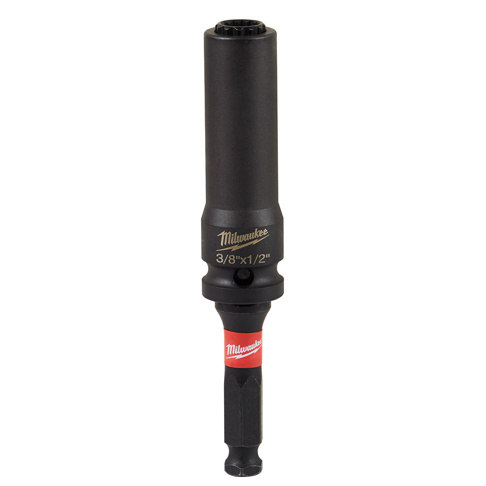 Milwaukee Shockwave 2-in-1 socket with black impact-rated body, red band, and size markings 3/8"x1/2".