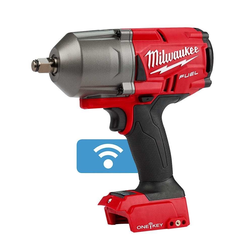 Milwaukee M18 FUEL high torque impact wrench with 1/2 inch friction ring socket and ONE-KEY connectivity feature.