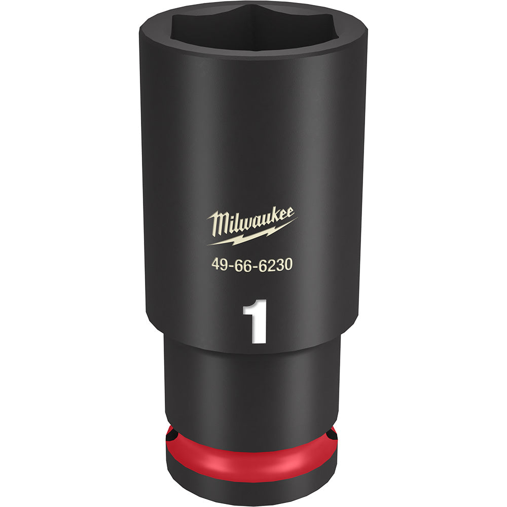 Black deep socket with hexagonal opening, Milwaukee logo, model number 49-66-6230, and red base ring.