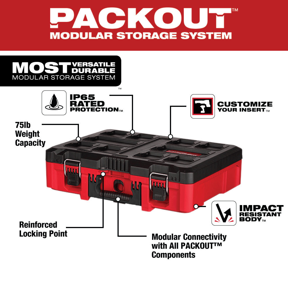 Red and black Milwaukee PACKOUT tool case with black foam insert, reinforced locking points, and carrying handles.