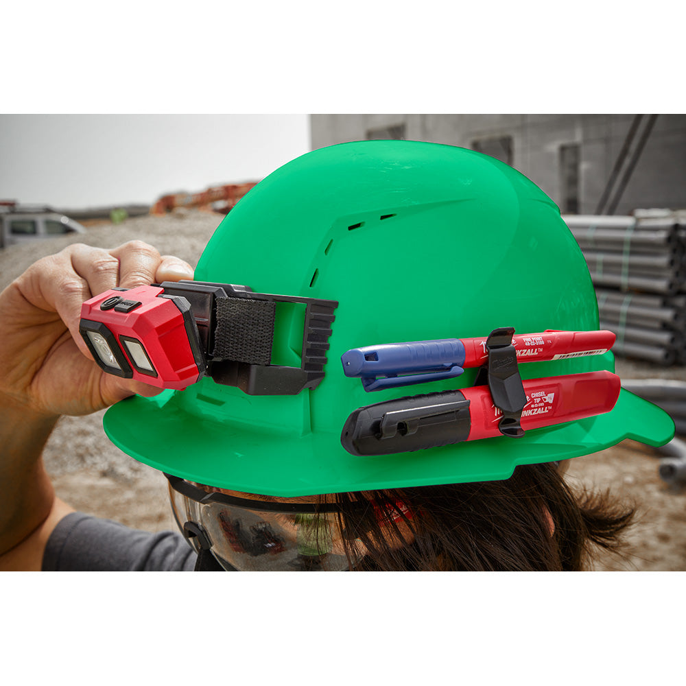 Orange hard hat with front brim, 4-point ratcheting suspension, and tool attachment slots on the brim.