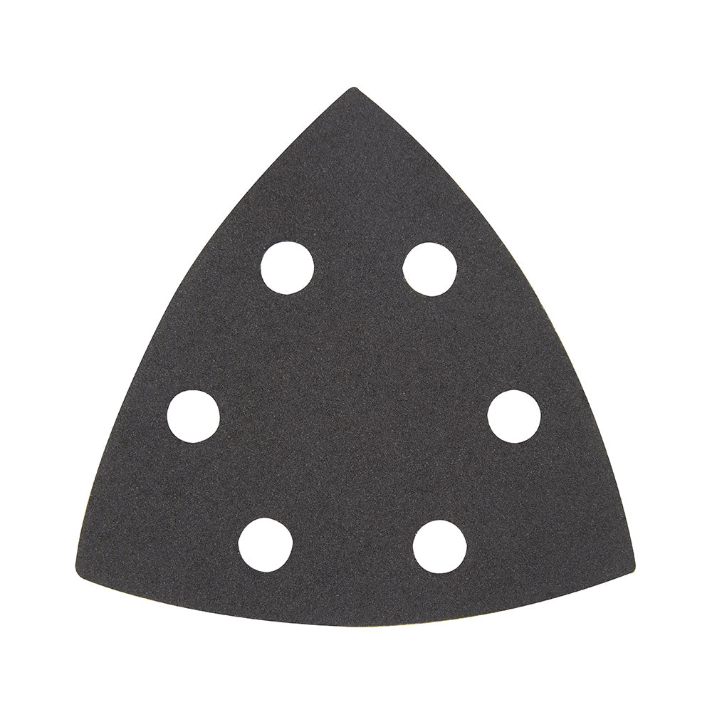 Triangle sandpaper sheet with 240 grit surface and six evenly spaced circular holes for dust extraction.