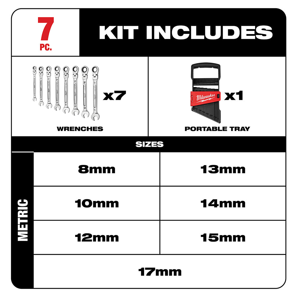 Seven metric flex head ratcheting combination wrenches in sizes 8mm through 17mm with black portable tray.