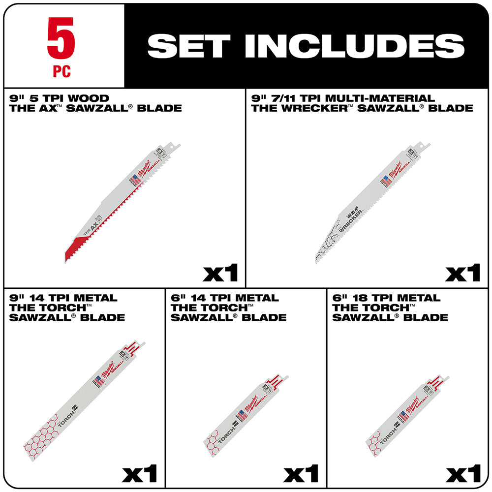 Five Milwaukee SAWZALL blades including wood, multi-material, and metal cutting varieties in assorted lengths.