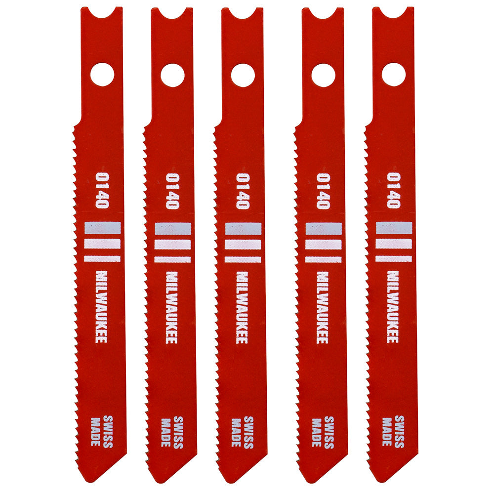 Five red Milwaukee jig saw blades with fine teeth, mounting holes, and product markings.