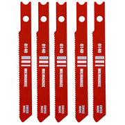 Five red Milwaukee jig saw blades with fine teeth, mounting holes, and product markings.