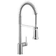 Chrome kitchen faucet with tall curved spout, pull-down spray head, and coiled hose.