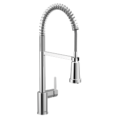 Chrome kitchen faucet with tall curved spout, pull-down spray head, and coiled hose.