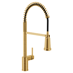 Brushed gold kitchen faucet with coiled spring spout and single handle lever.