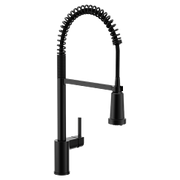 Matte black kitchen faucet with coiled spring neck and pull-down spray head.