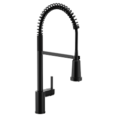 Matte black kitchen faucet with coiled spring neck and pull-down spray head.