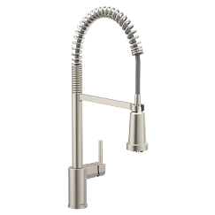 Stainless steel kitchen faucet with coiled spray hose and single lever handle.