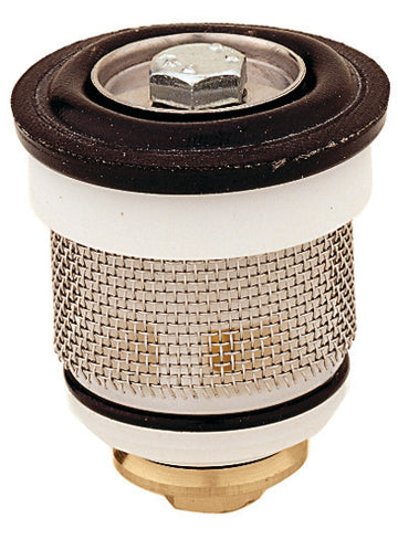 Cylindrical cartridge with brown rubber cap, white plastic body, mesh filter band, and brass base fitting.