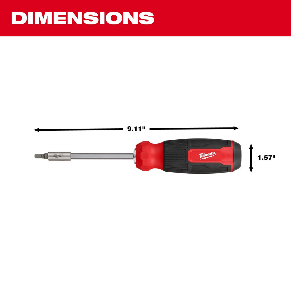 Milwaukee multi-bit screwdriver with red and black handle, measuring 9.11 inches long and 1.57 inches wide.