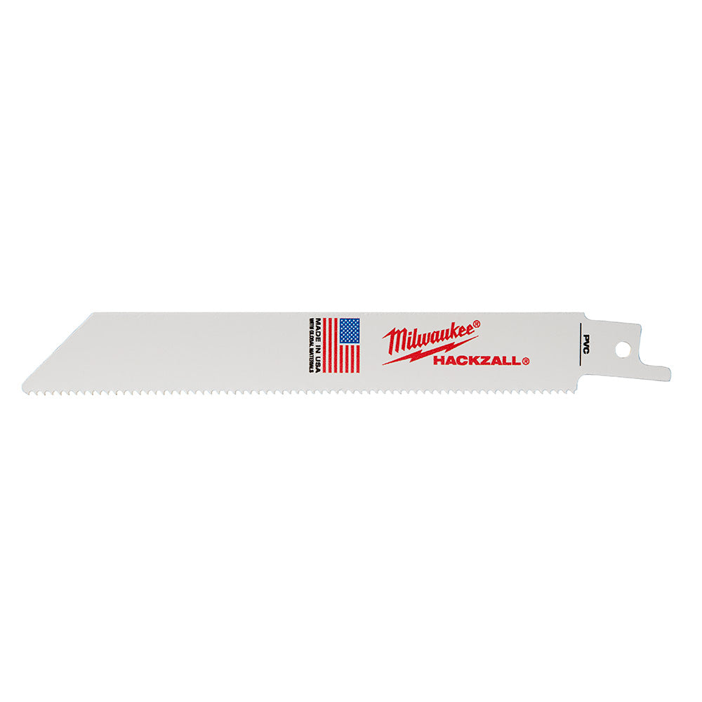 Milwaukee Hackzall 6" reciprocating saw blade with serrated edge and mounting slot.