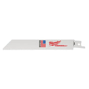 Milwaukee Hackzall 6" reciprocating saw blade with serrated edge and mounting slot.