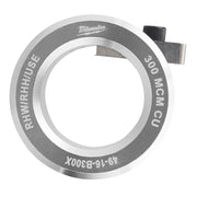 Milwaukee copper bushing with gray and white ring marked "300 MCM Cu RHW/RHH/USE" and metal tab attachment.