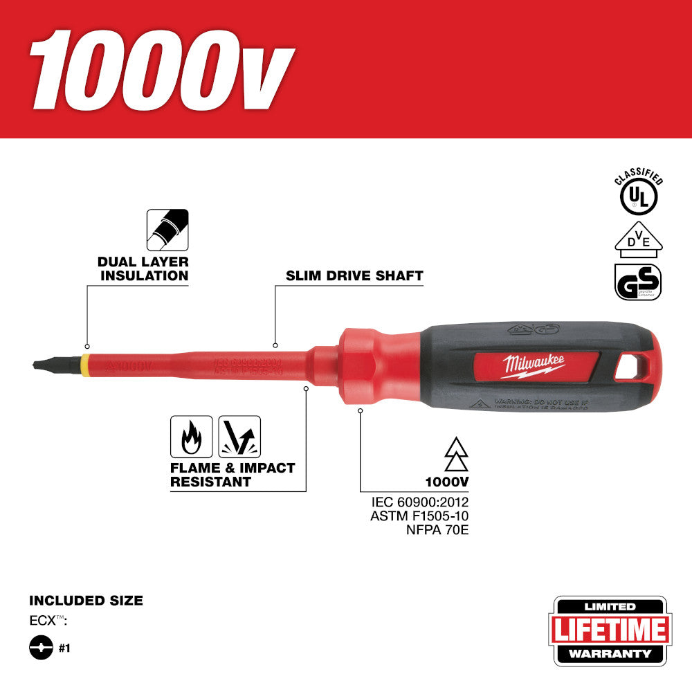 Red and black 1000V insulated screwdriver with slim drive shaft and dual layer insulation on handle.