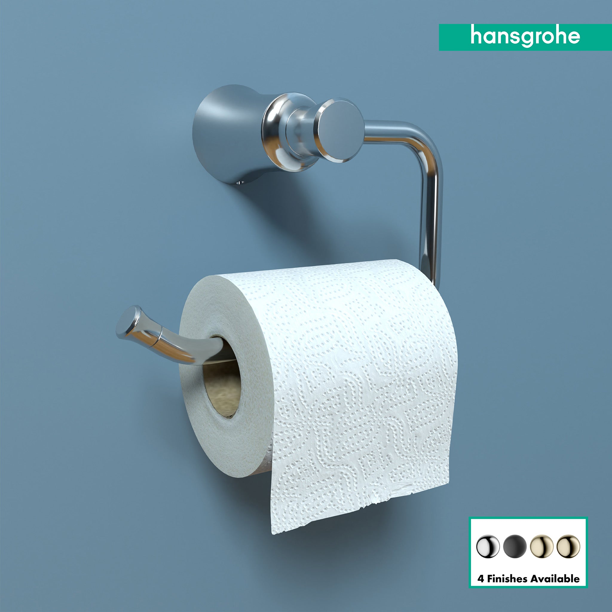 Chrome toilet paper holder with cylindrical wall mount and curved arm holding white toilet paper roll.