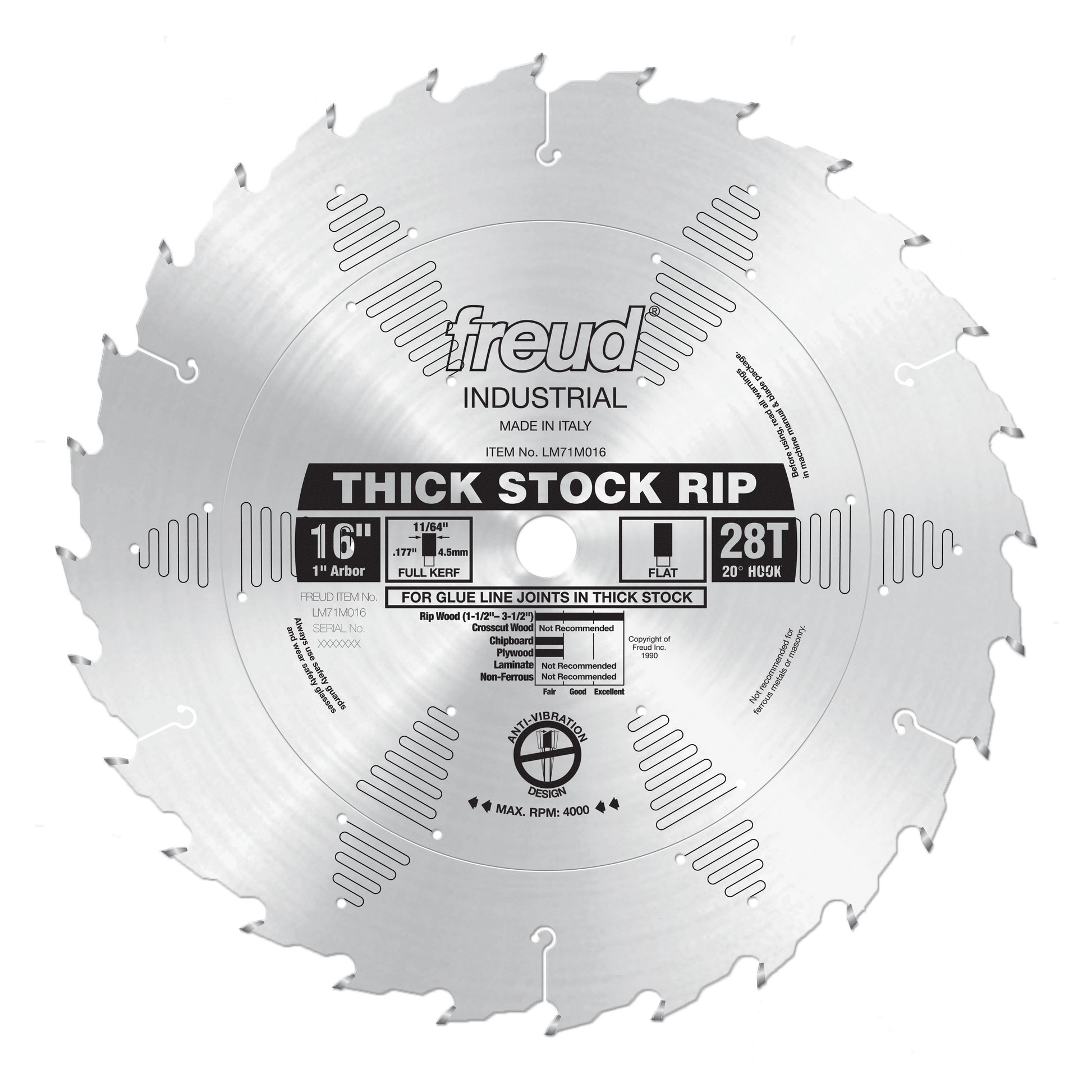 Freud 16" thick stock rip saw blade with 28 teeth, 1" arbor hole, and carbide-tipped teeth for woodworking.