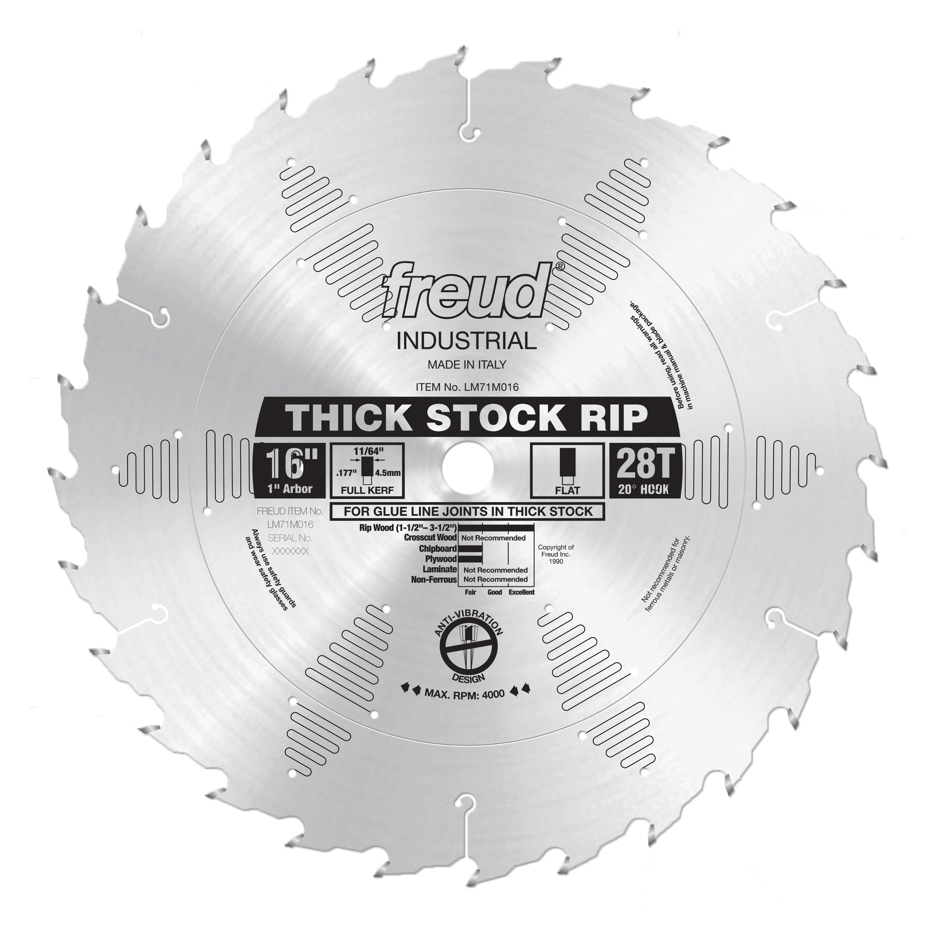 Freud 16" thick stock rip saw blade with 28 teeth, 1" arbor hole, and carbide-tipped teeth for woodworking.