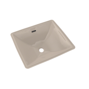 Bone-colored rectangular undermount bathroom sink with single drain hole and overflow slot.