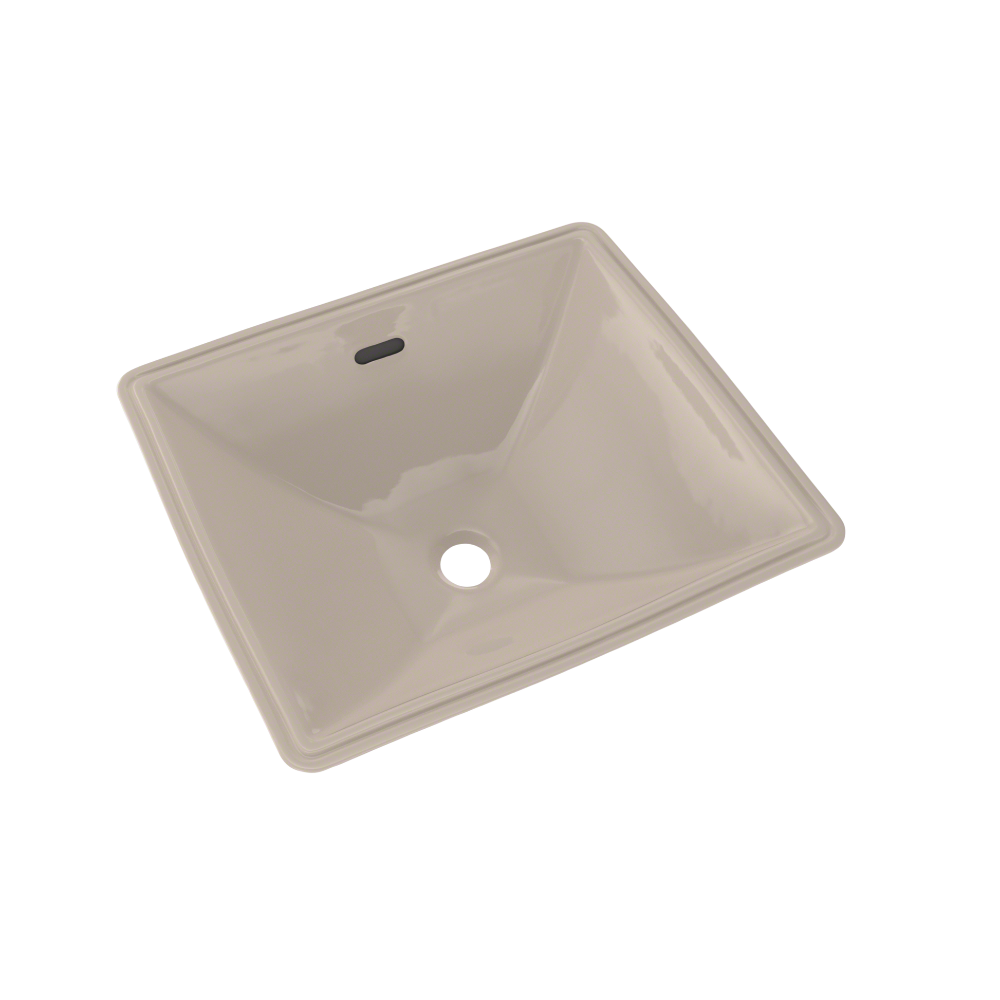 Bone-colored rectangular undermount bathroom sink with single drain hole and overflow slot.