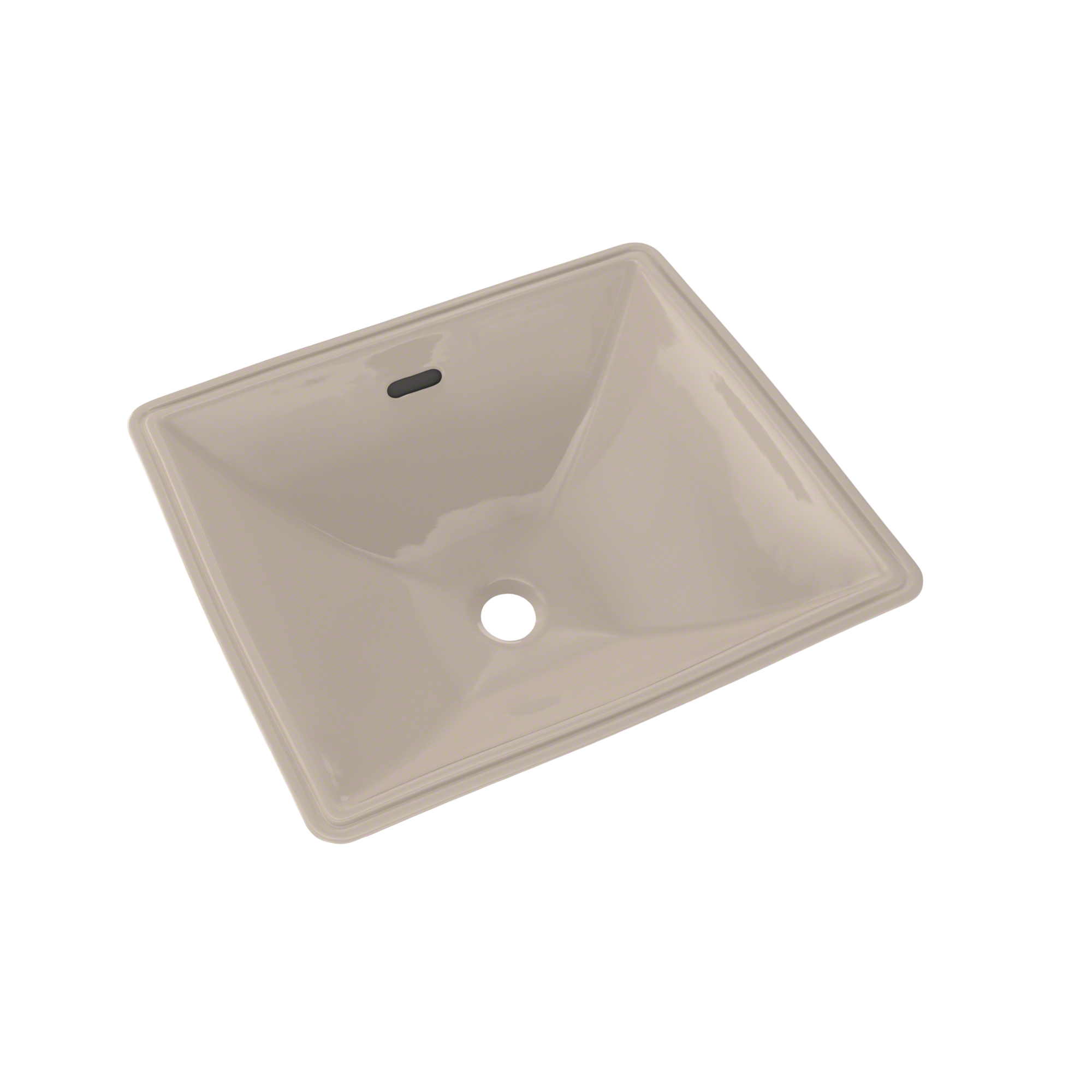 Bone-colored rectangular undermount bathroom sink with single drain hole and overflow slot.