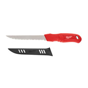 Red Milwaukee insulation knife with serrated blade and black sheath with white stripe details.