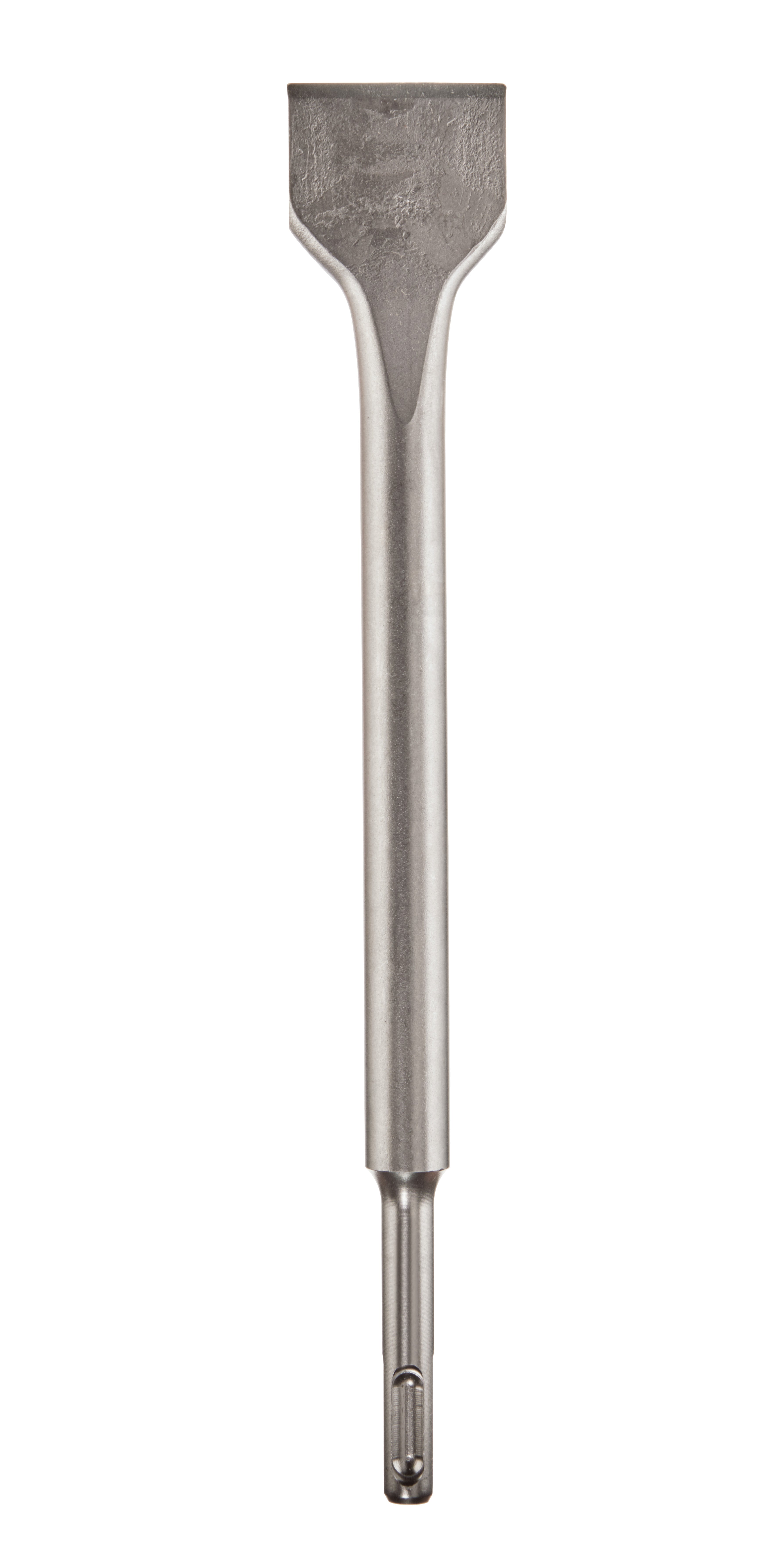 Steel SDS-Plus scaling chisel with flat rectangular head and tapered shaft.