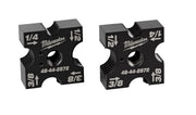 Two black Milwaukee replacement cutting dies marked with 1/4, 3/8, 1/2, and 3/8 inch sizes.