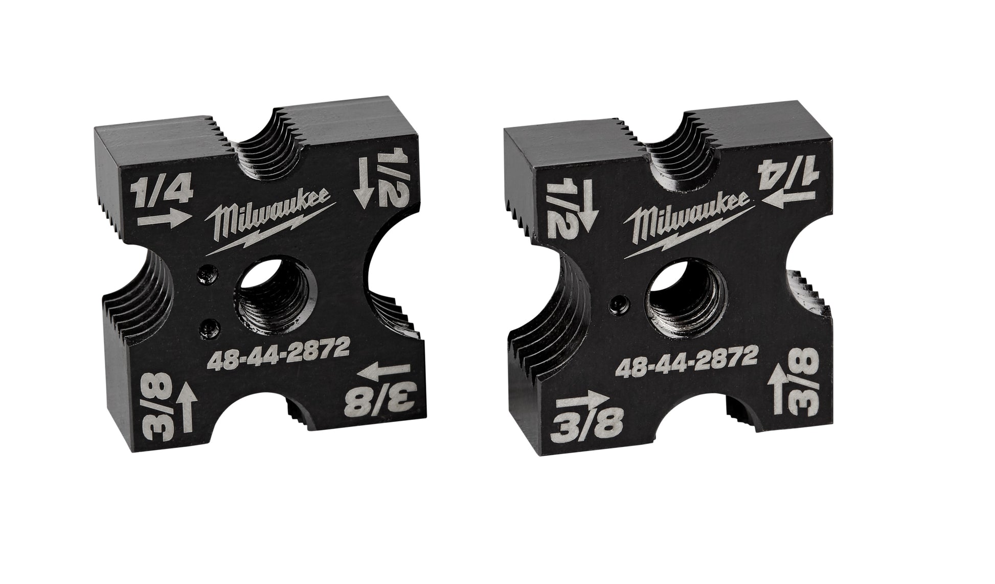 Two black Milwaukee replacement cutting dies marked with 1/4, 3/8, 1/2, and 3/8 inch sizes.