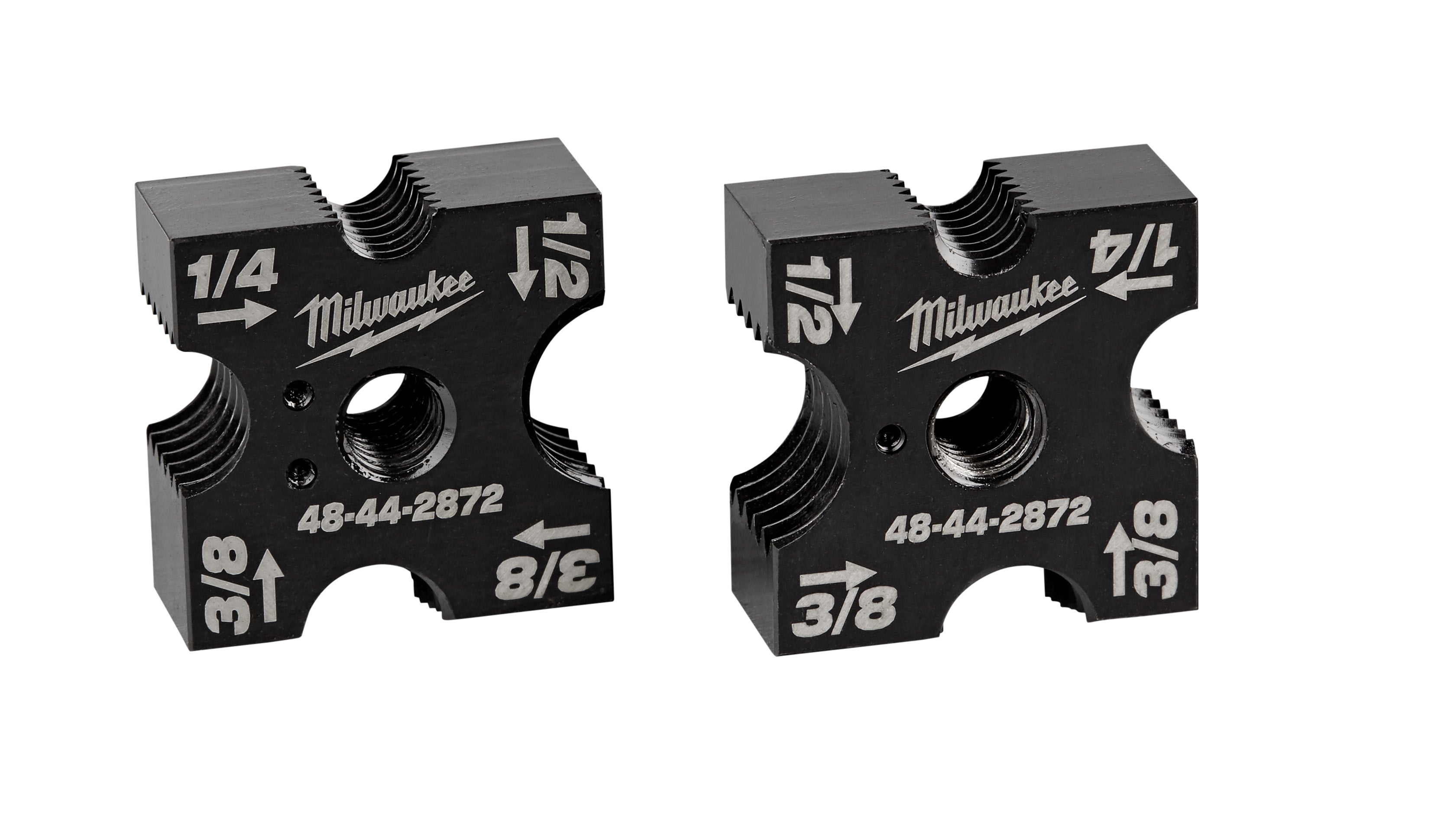 Two black Milwaukee replacement cutting dies marked with 1/4, 3/8, 1/2, and 3/8 inch sizes.