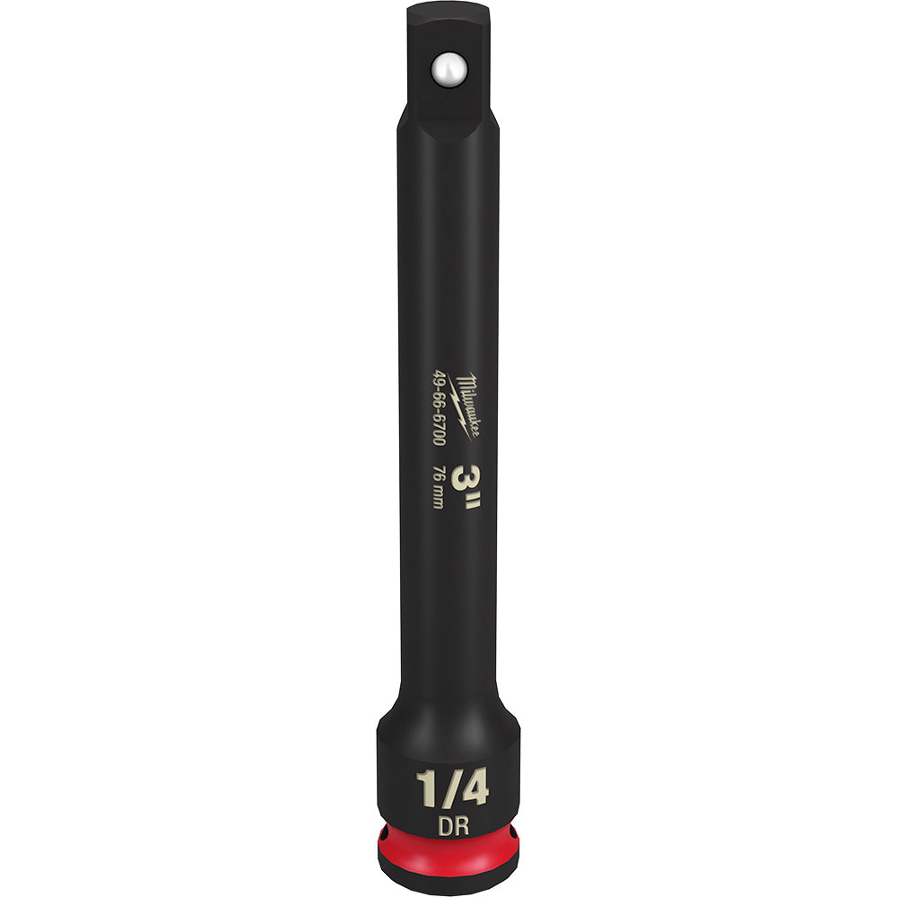 Black 1/4" drive socket extension with red grip band at base and white hole near top end.