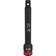 Black 1/4" drive socket extension with red grip band at base and white hole near top end.