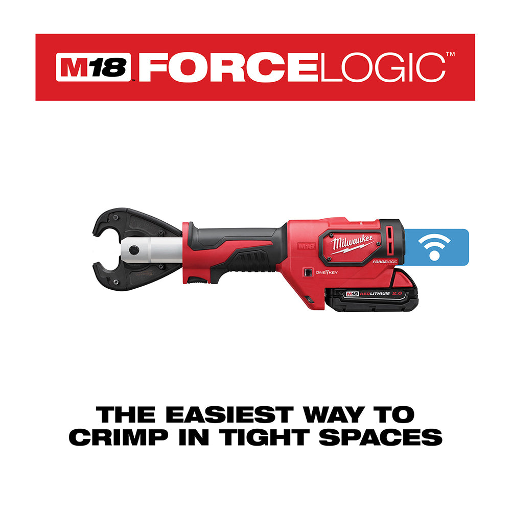 Red and black Milwaukee M18 FORCE LOGIC cordless crimper tool with battery and snub nose jaw head.