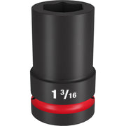 Black 1-inch drive impact socket with 1 3/16" size marking and red grip band.