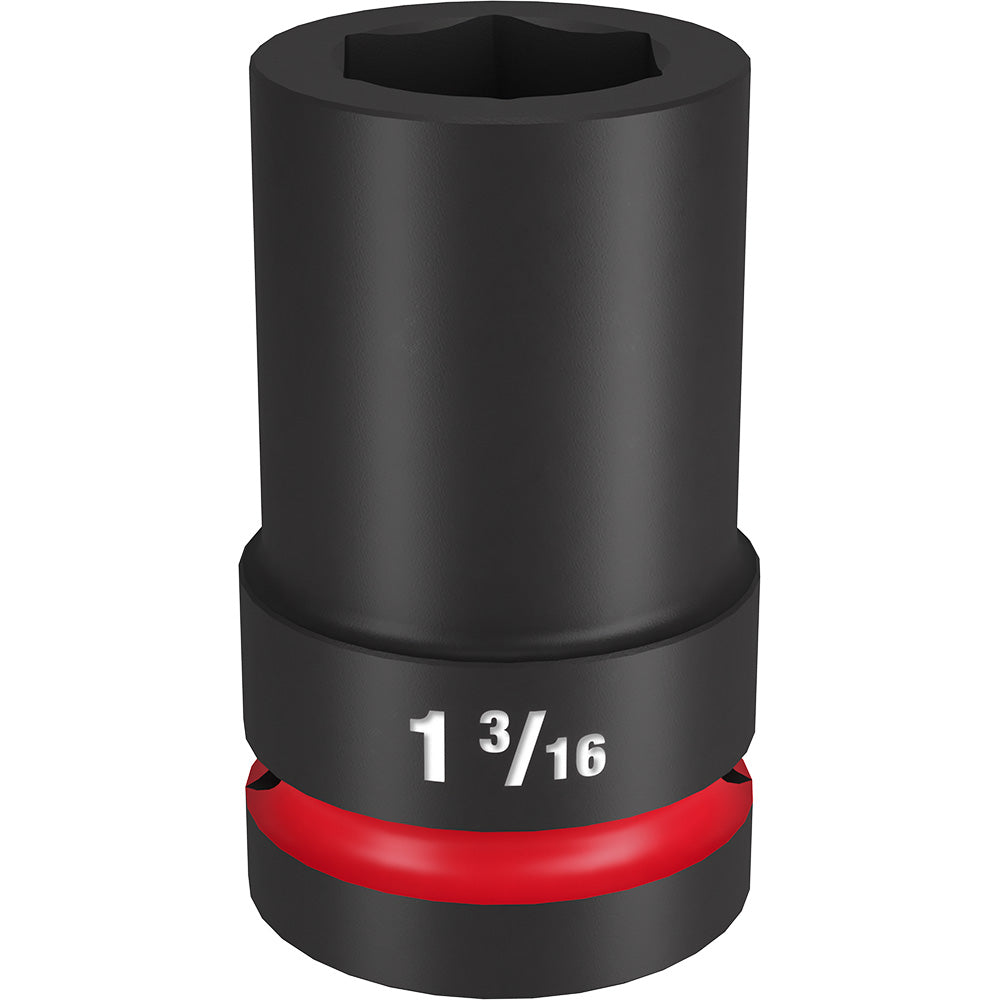 Black 1-inch drive impact socket with 1 3/16" size marking and red grip band.