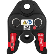 Black press jaw with two circular openings, mounting hole, RLS label, and red Milwaukee M18 compatibility tabs marked 5/8"OD.
