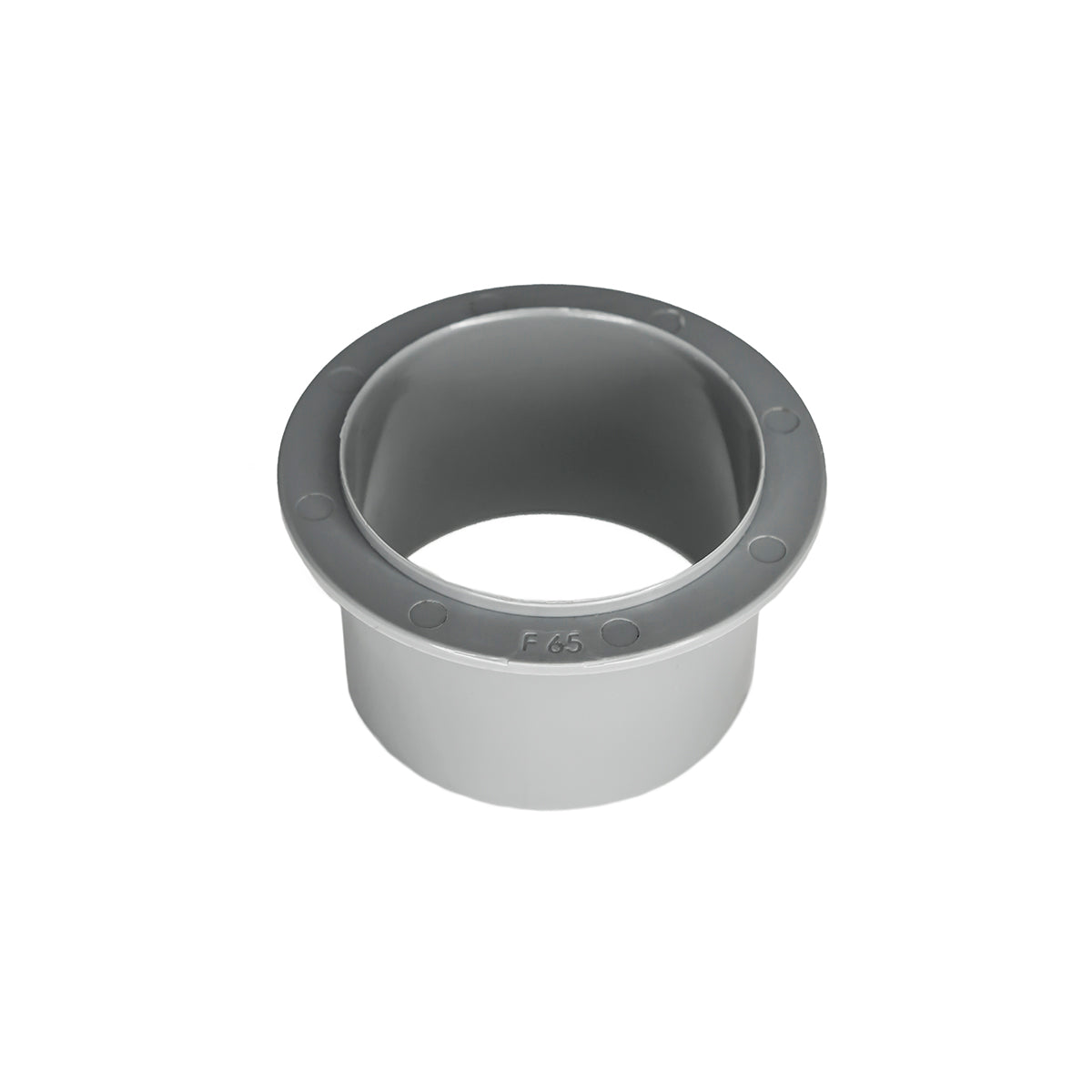 White and dark gray cylindrical drain component with F65 marking and mounting holes on top rim.