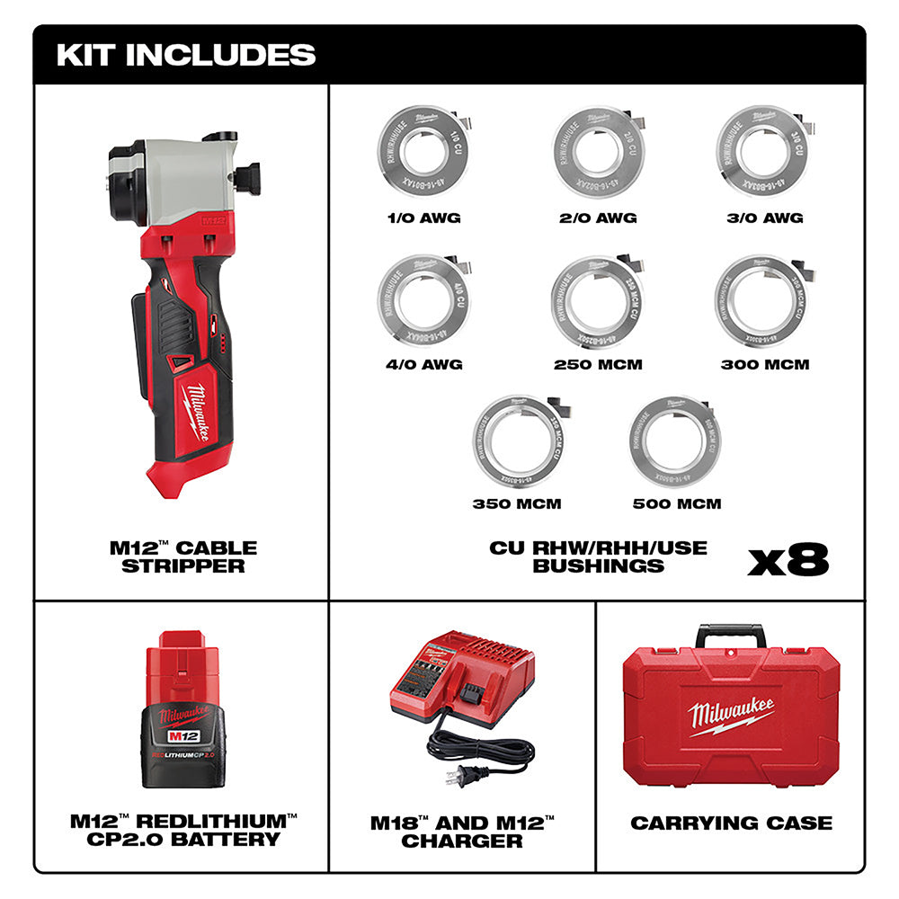 Milwaukee M12 cable stripper tool with red and black housing, eight circular bushings for various cable gauges, M12 battery, 