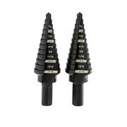 Two black stepped drill bits with labeled size increments from 7/8 to 5/16 inch printed on each step.