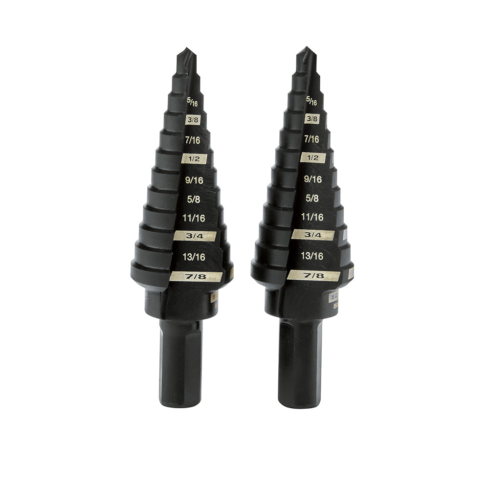 Two black stepped drill bits with labeled size increments from 7/8 to 5/16 inch printed on each step.