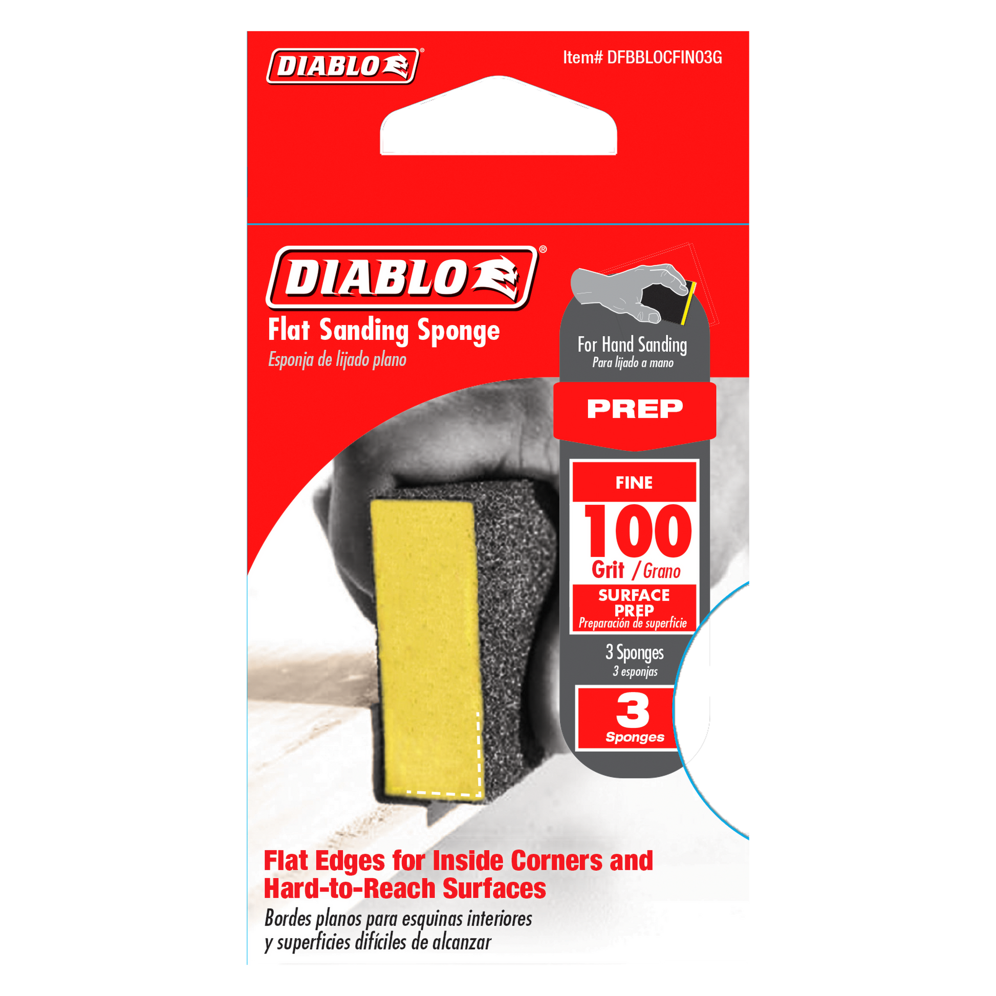 Three flat sanding sponges with 100-grit fine surface, one showing yellow foam side and dark textured sanding surface.