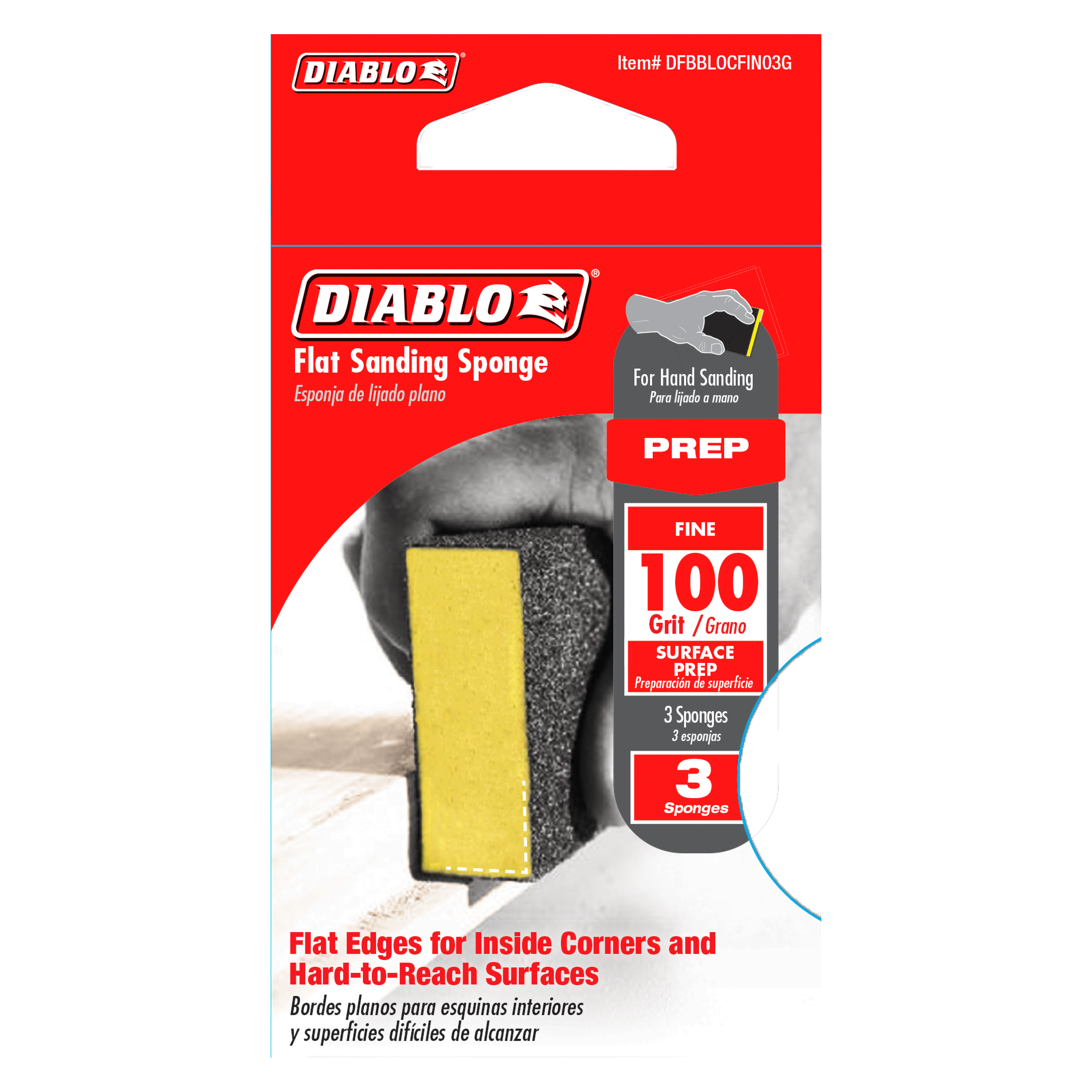 Three flat sanding sponges with 100-grit fine surface, one showing yellow foam side and dark textured sanding surface.