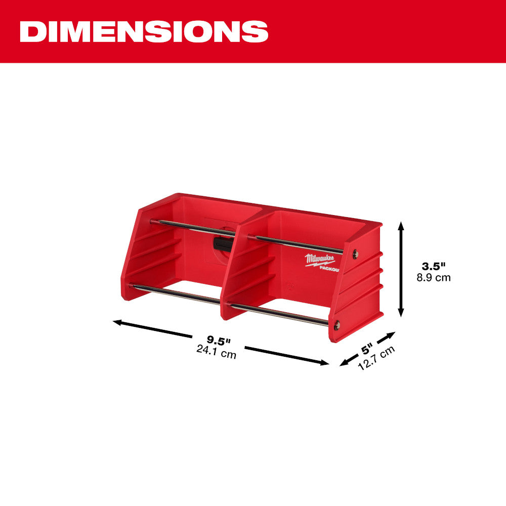 Red Milwaukee PACKOUT tool rack with two compartments and metal cross bars, dimensions 9.5" x 5" x 3.5".