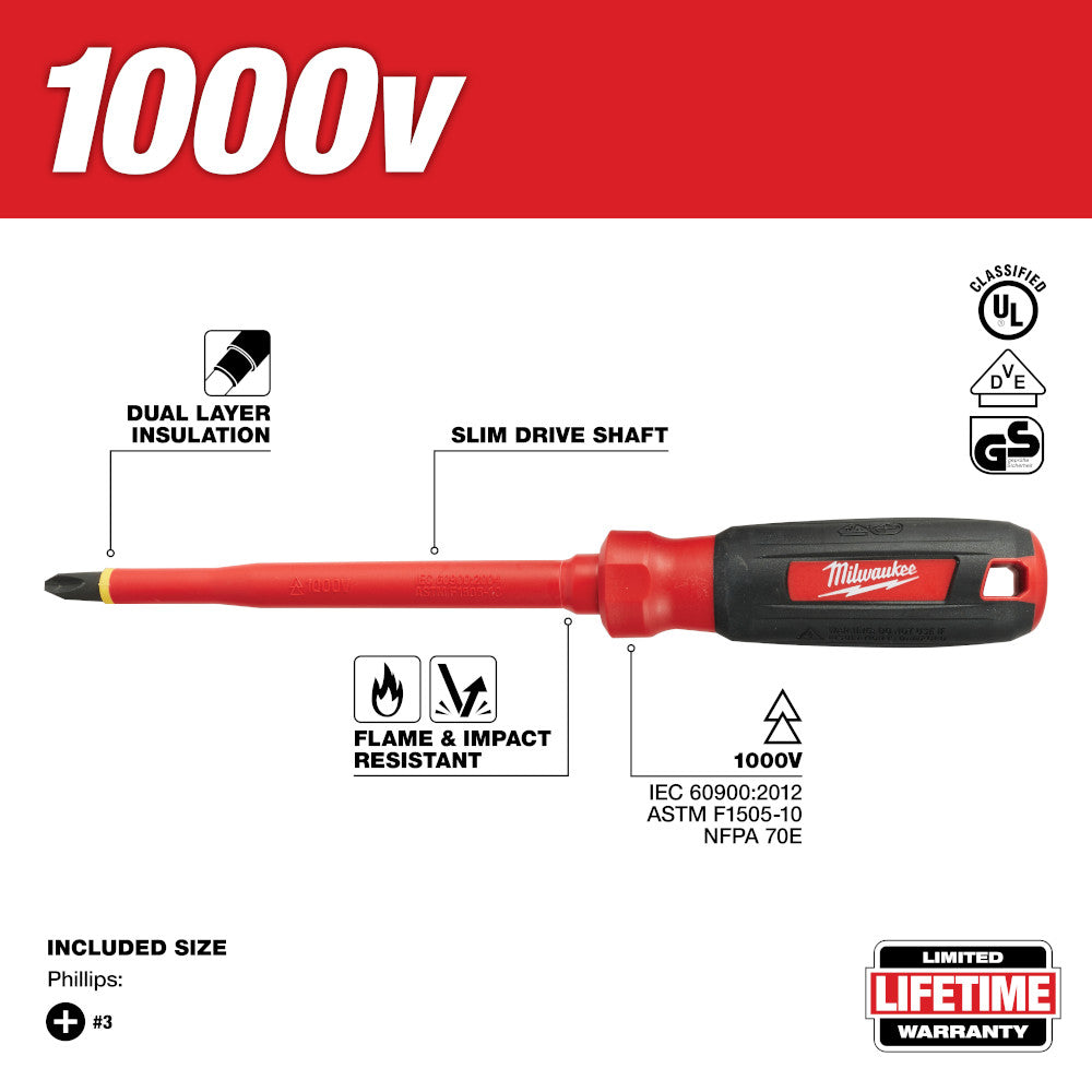 Red and black Milwaukee insulated screwdriver with Phillips #3 bit and slim drive shaft, rated 1000V.