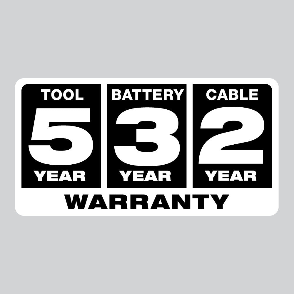 Warranty card showing 5-year tool, 3-year battery, and 2-year cable coverage terms.