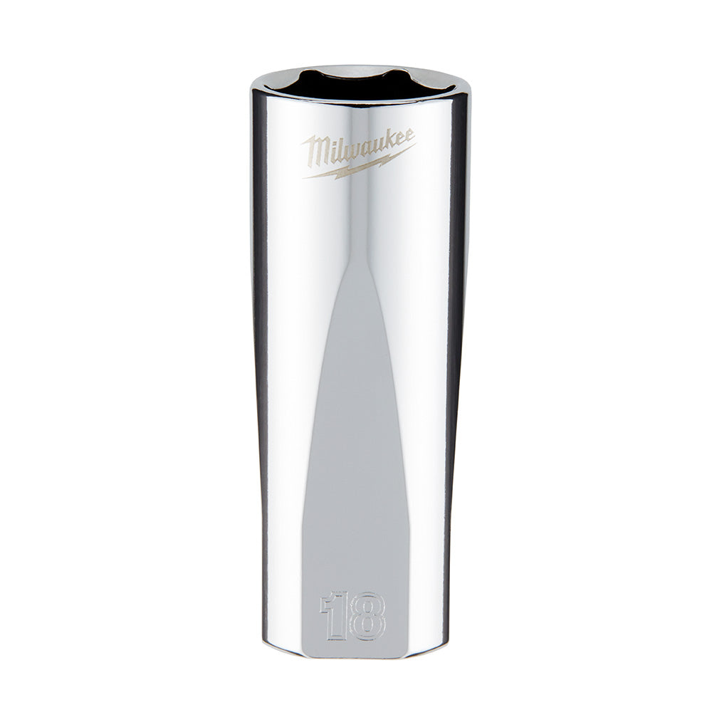 Polished chrome 18mm deep socket with 6-point hex opening and Milwaukee branding on cylindrical body.