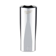 Polished chrome 18mm deep socket with 6-point hex opening and Milwaukee branding on cylindrical body.